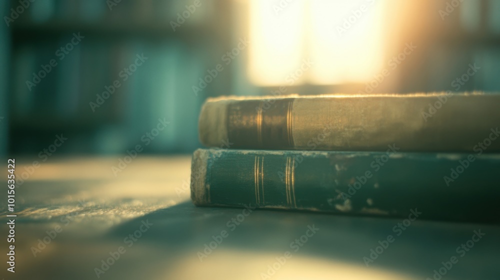 Poster sunlight streams into the library, casting a warm glow on a stack of books placed on a wooden table,