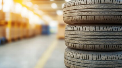 A stack of new car tires is organized in a warehouse, showcasing a clean and efficient storage environment for automotive supplies