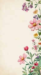 A blank white page with watercolor flowers and leaves on the right side, showcasing a beautiful composition of delicate pastel colors, including pink daisies, purple violets, yellow chrysanthemums