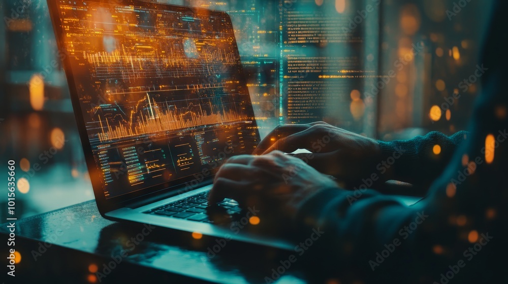 Poster a person is working on a laptop with a screen showing charts and graphs. the person is wearing a hoo