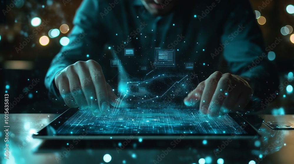 Poster a person uses a digital tablet with glowing blue data and code appearing over the device.