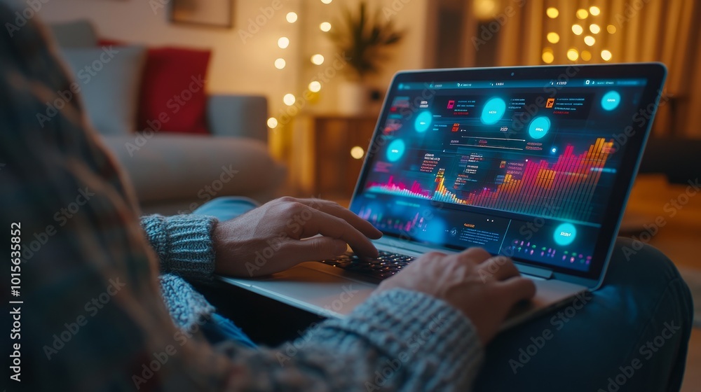Poster a person using a laptop computer with a dashboard of data and charts on the screen.