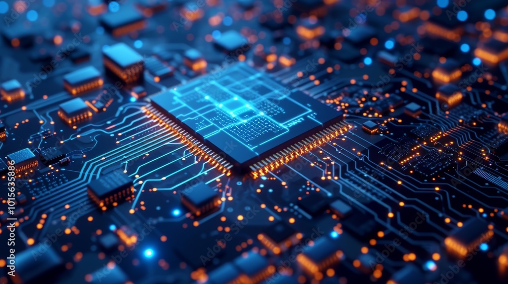Poster a detailed close-up view of a modern circuit board featuring a glowing microchip at its center. the 