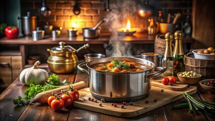 Savory stew bubbling over in metal pot on stovetop at night in cozy kitchen , cooking, food, stew, bubbling, mess, kitchen, night, cozy