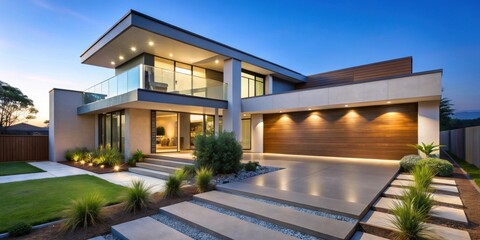 Modern house exterior at dusk with illuminated pathway, modern, house, exterior, dusk, illuminated, pathway, home