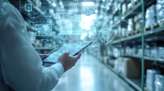 A person uses a tablet to manage a warehouse with digital interface icons.