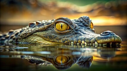 Obraz premium A menacing crocodile lurking beneath the water surface, with only its yellow eyes visible, wildlife, predator
