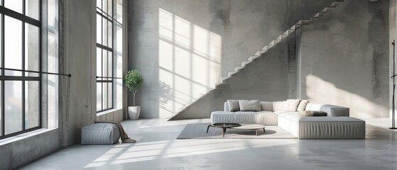 stylish minimalistic restrained modern interior of a two-storey apartment without people in the daytime in loft style in gray tones.