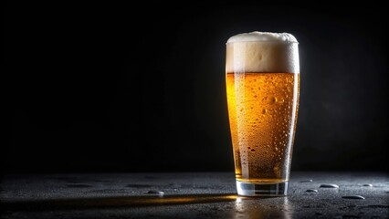 Glass of cold beer with water drops on black background, craft beer, refreshing, alcoholic beverage, chilled, brewery, foam, pint
