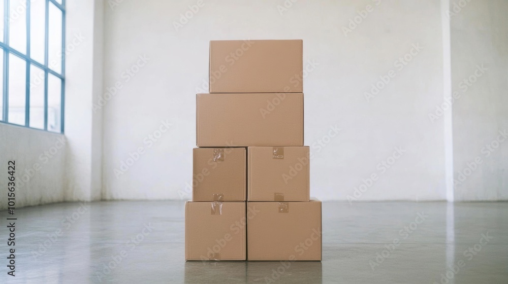 Poster five stacked cardboard boxes sit in an empty room with a concrete floor and large windows that let i