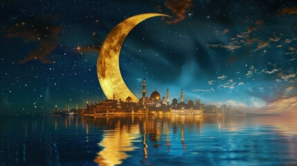 Crescent Moon Over Mosque Cityscape