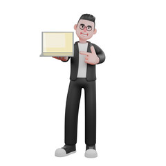 3D Model of Cartoon Editor. A male editor is standing holding a laptop in his left hand while his right hand is pointing at the laptop. Content Management Expert