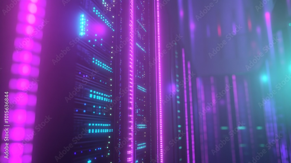 Aufkleber a futuristic data center with illuminated server racks in vibrant colors.