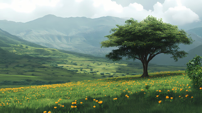 An acacia tree and meskel flowers appear after the rains. green fertile fields and the simien mountains, ethiopia. Ethiopian Highlands. Illustration