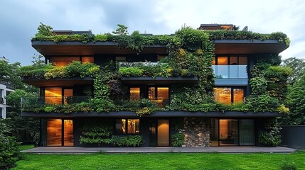 Green plants cover buildings, showcasing eco-friendly architectural designs aimed at preserving the planet.