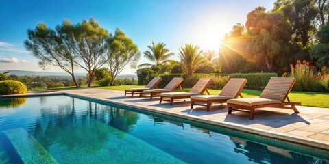 Loungers by a sparkling pool on a sunny day, pool, loungers, relaxation, sunny, outdoor, water, summer, vacation, serene