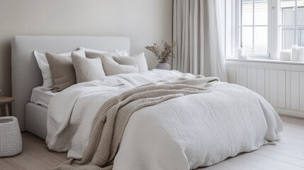 A beautifully designed bedroom features a large bed adorned with white linens and various decorative pillows. Natural light streams in through the windows, enhancing the calm atmosphere of the space.