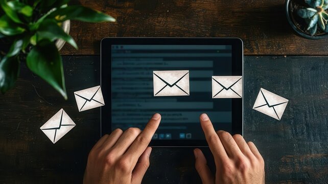 Email phishing detection app on a tablet, showing flagged emails and tips for safe email usage