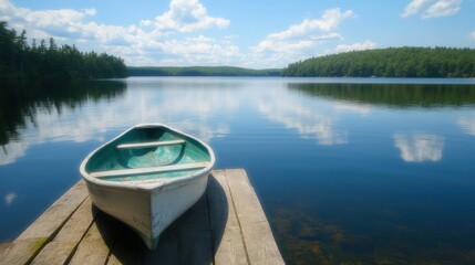 A tranquil dock extends over a serene lake, with a single rowboat resting gently, reflecting the clear blue sky and nearby trees