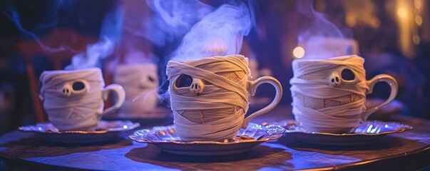 Spooky and creative cups wrapped in bandages with skulls. Perfect for Halloween-themed decorations or events.