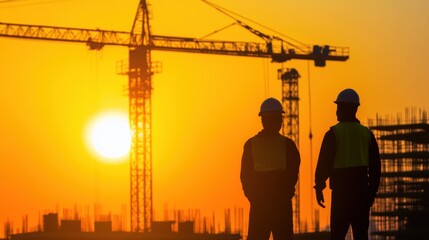 Two construction workers stand silhouetted against a stunning sunset, overlooking a construction site filled with cranes and materials