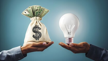 Hands with dollar sign bag and white light bulb