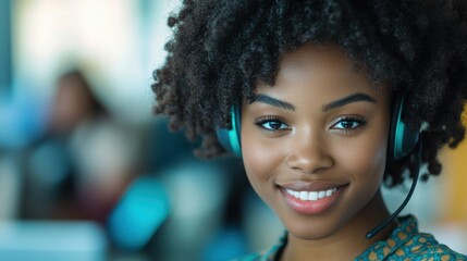 A smiling customer service representative wearing a headset engages with clients in a lively office environment
