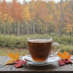 cup of hot traditional tea on wooden table with autumn background