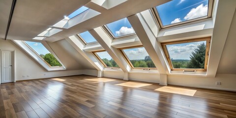 Obraz premium Interior shot of a room with dormer windows and roof skylights, dormer windows, roof windows, skylight