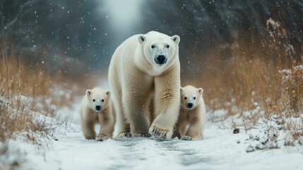 A polar bear mother leads her two cubs through a snowy landscape.