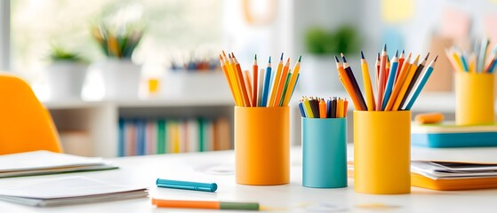 Obraz premium Colorful Pencils in Orange and Blue Holders on a Desk.