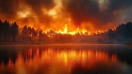 Obraz premium Intense fire raging near a lake, with thick smoke blanketing the area.