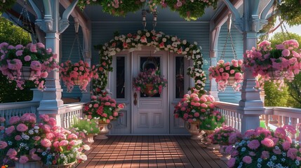 Hanging flower baskets decorate a Victorian porch, bringing vibrancy and grace to the space.