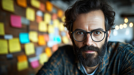 Fototapeta premium Portrait of a male project manager wearing glasses with sticky notes in the background working in an intense and stressful environment
