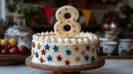 Closeup on a birthday cake with candles and stars and the number eight on top sitting on a kitchen table at home