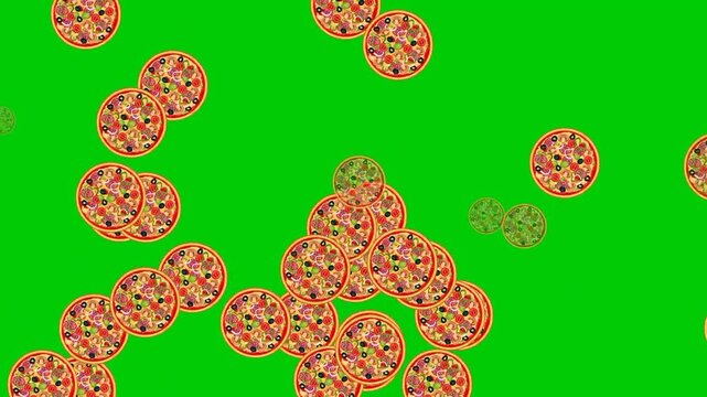 Animated pizza in cartoon style, 2d animation on a green screen background, suitable for food, eating, and video motion graphics