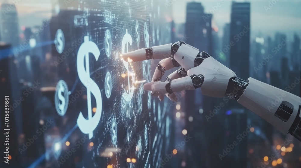 Aufkleber a robotic hand interacts with a digital interface showing a dollar sign and code against a cityscape