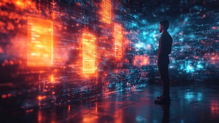 Man Gazing at Digital Wall of Information