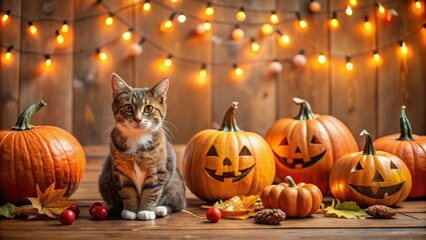 Fototapeta premium Festive Halloween celebration with pumpkins and playful cat decorations in a whimsical setting, Halloween, festive