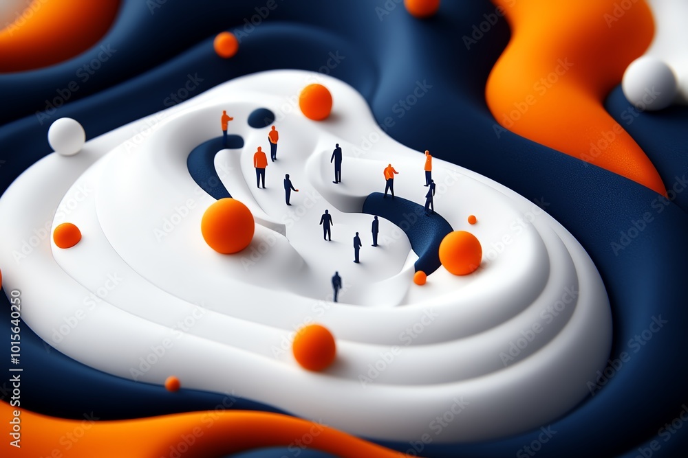 Poster minimalist depiction of people collaborating on a vision for tomorrow, with clean lines and abstract