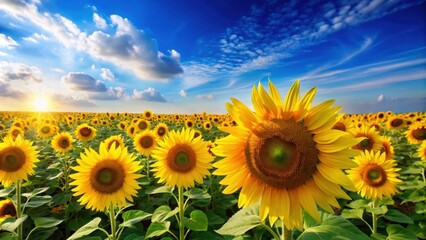 Obraz premium Vibrant sunflower field under clear blue sky, summer, nature, flowers, agriculture, landscape, beauty, sunny, yellow, growth, farm