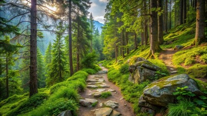 Fototapeta premium Rocky hiking path winding through lush green summer forest in the mountains, hiking, path, rocky, green, summer, forest