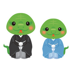 晴れ姿の巳年の緑蛇キャラクター　親子2