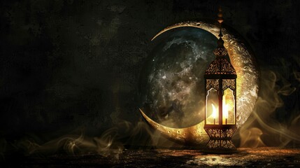 Golden Ramadan Lantern with Crescent Moon