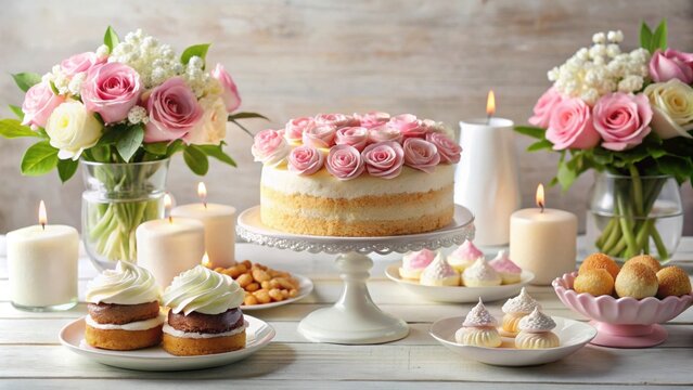 First communion cake surrounded by a variety of desserts and decorated with roses on a table , first communion