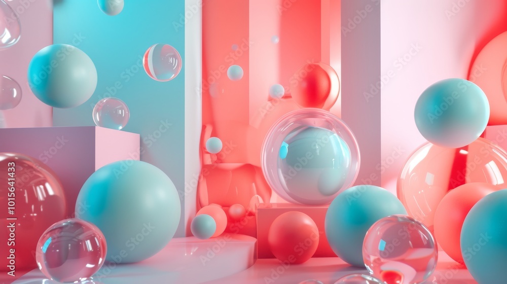 Poster a dynamic arrangement of floating pastel-colored spheres set against abstract geometric forms. the s