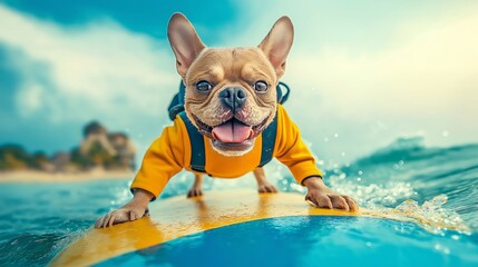 Playful French Bulldog surfing on a sunny beach, wearing a yellow life jacket.