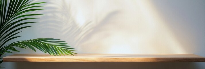 A clean white wall, contrasted with green palm leaves On the floor, an empty wooden table is placed near the edge of the table.