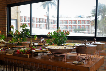 buffet, interior of a hotel, interior of a restaurant, table with food, party buffet
