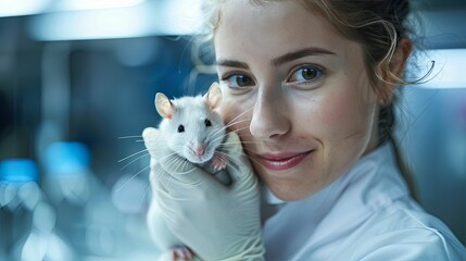 A Young Woman Holds a White Laboratory Rat